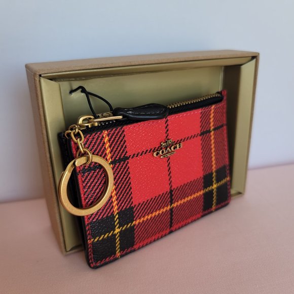 COACH Novelty Plaid Print Mini Skinny ID Case In Coated Canvas – Red Multi ⭐ - Picture 3 of 13